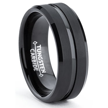Men's Tungsten Ring Wedding Band Black Grooved Beveled Edge 8MM