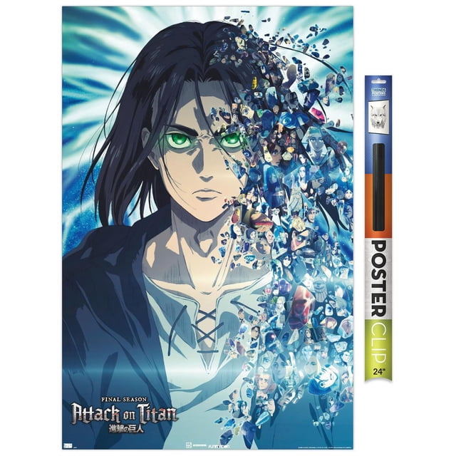 Attack on Titan : la Saison Finale - Affiche Murale de Fragments Représentant un Personnage d'Anime aux Longs Cheveux Foncés dans une Veste Sombre et une Chemise Légère, avec des Éclats Fragmentés sur le Côté Droit Contenant des images de Personnages Plus Petites, sur un Fond Bleu Radieux, Imprimée sur du Papier Lustré, Format 14,725 par 22,375 Pouces, Idéale pour la Décoration de Chambre Ou de Bureau.