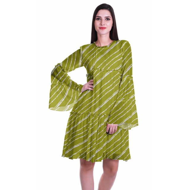 Moomaya Robe d'Été Fluide à Manches Longues Imprimée pour Femmes, Longueur Genou, Évasée