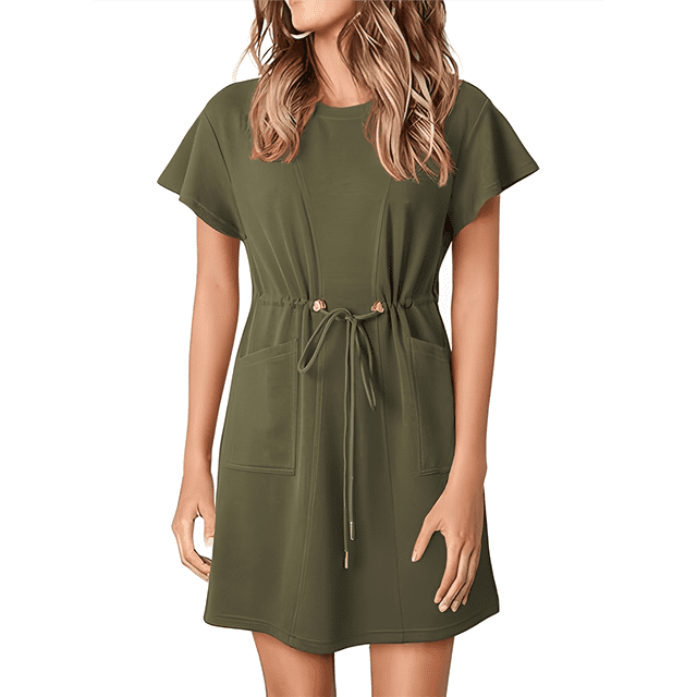 Women Spring Summer Dresses 2025 Casual Round Neck Ruffle Short Sleeve Flowy A Line Mini Dress with Pockets Moss Green S