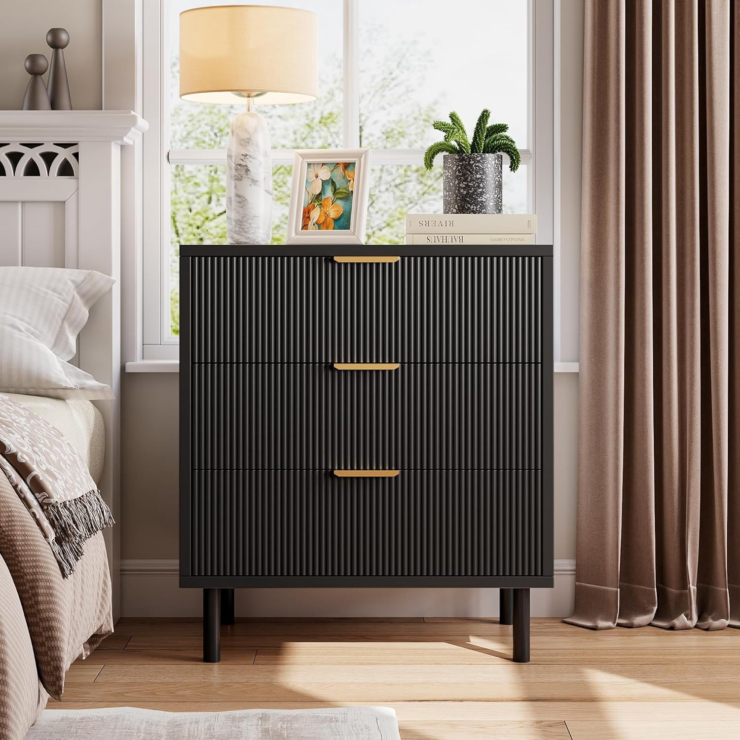 Black Fluted 3 Drawers Dresser, Wide Wood Chest of Drawers, Modern Storage Dresser Chest of Drawers Organizer with Metal Legs and Anti-Tipping Device for Bedroom Living Room
