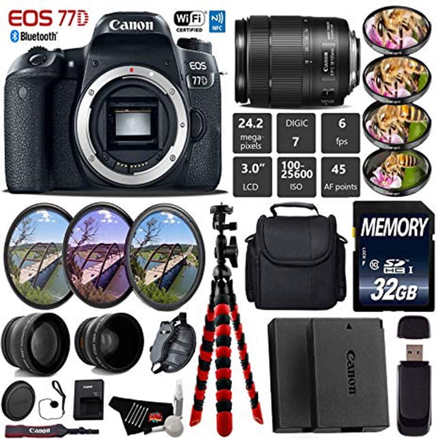 Canon EOS 77D DSLR Camera with 18-135mm is USM Lens + UV FLD CPL Filter Kit + 4 PC Macro Kit + Wide Angle & Telephoto Lens + Camera Case + Tripod + Card Reader - Intl Model