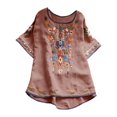 thumbnail image 1 of Blouses pour Femmes, T-Shirt Mode Décontracté Ample de Printemps Été pour Femmes, Couleur, Manches Courtes, Col Rond, Hauts Brodés, Blouse en Coton et Lin, 1 of 5