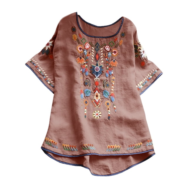 Blouses pour Femmes, T-Shirt Mode Décontracté Ample de Printemps Été pour Femmes, Couleur, Manches Courtes, Col Rond, Hauts Brodés, Blouse en Coton et Lin