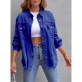 thumbnail image 3 of SEARIPE Women‘s Casual Denim Jacket Frayed Hem Ripped Long Sleeve Jean Jacket With Pockets Pink M, 3 of 6