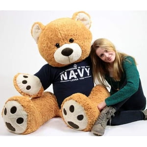 United States Navy Big Plush Giant Teddy Bear Five Feet Tall Honey Brown Color Wears Tshirt that says SOMEONE IN THE NAVY LOVES YOU