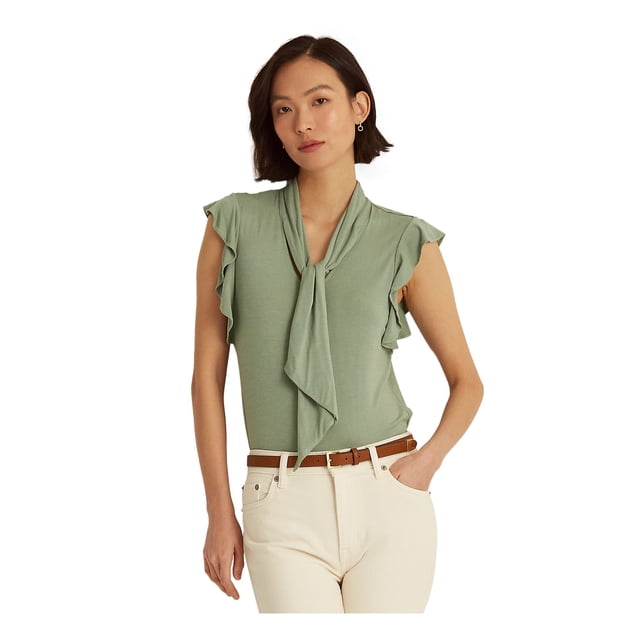 RALPH LAUREN Womens Green Flutter Sleeve Tie Neck Top M