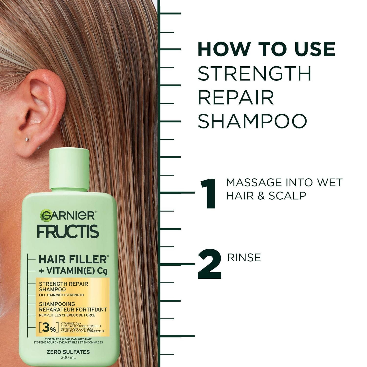 Garnier Fructis Hair Filler + Vitamine C Shampooing Réparateur Fortifiant Sans Sulfates, pour Cheveux Faibles et Abîmés, jusqu'à la Casse & 79 % de Force en Plus