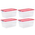 thumbnail image 1 of Rubbermaid Cleverstore 18 Gal Plastic Holiday Storage Tote, Clear & Red, 4 Pack, 1 of 9