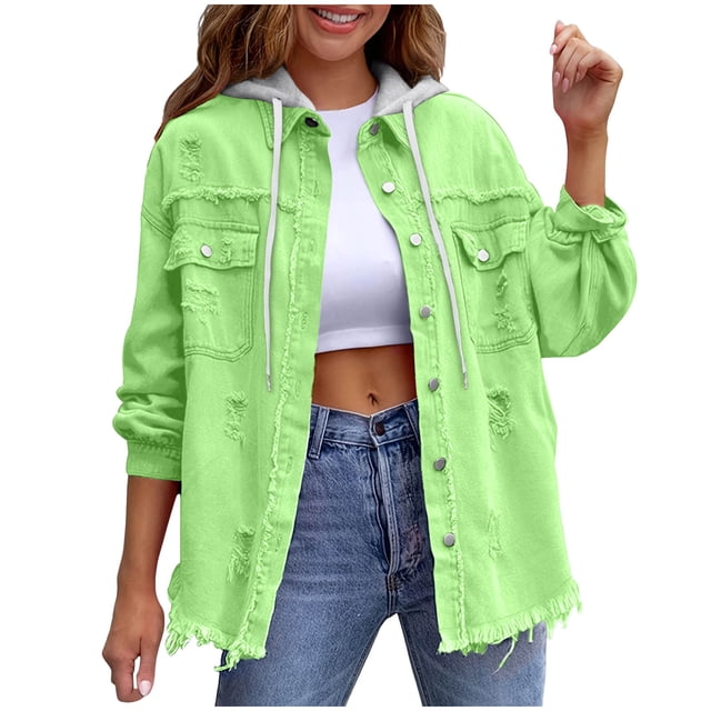 RXMEKW Womens Shirts Casual, Solid Color Denim Jacket with Detachable Hood