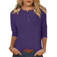 thumbnail image 1 of Yuyuzo Womens 3/4 Sleeve Tops Basic Button Crew Neck Solid Color Loose Fitted Tunics Tee Blouses, 1 of 5