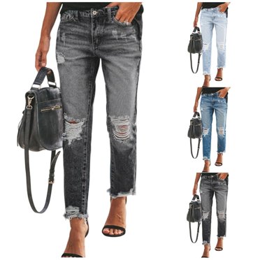 Jeans Droits Taille Haute Déchirés pour Femmes avec Trous, Pantalons en Denim Vintage Usés pour un Confort Décontracté et un Usage Quotidien, Tendance Mode 2025 Noir m