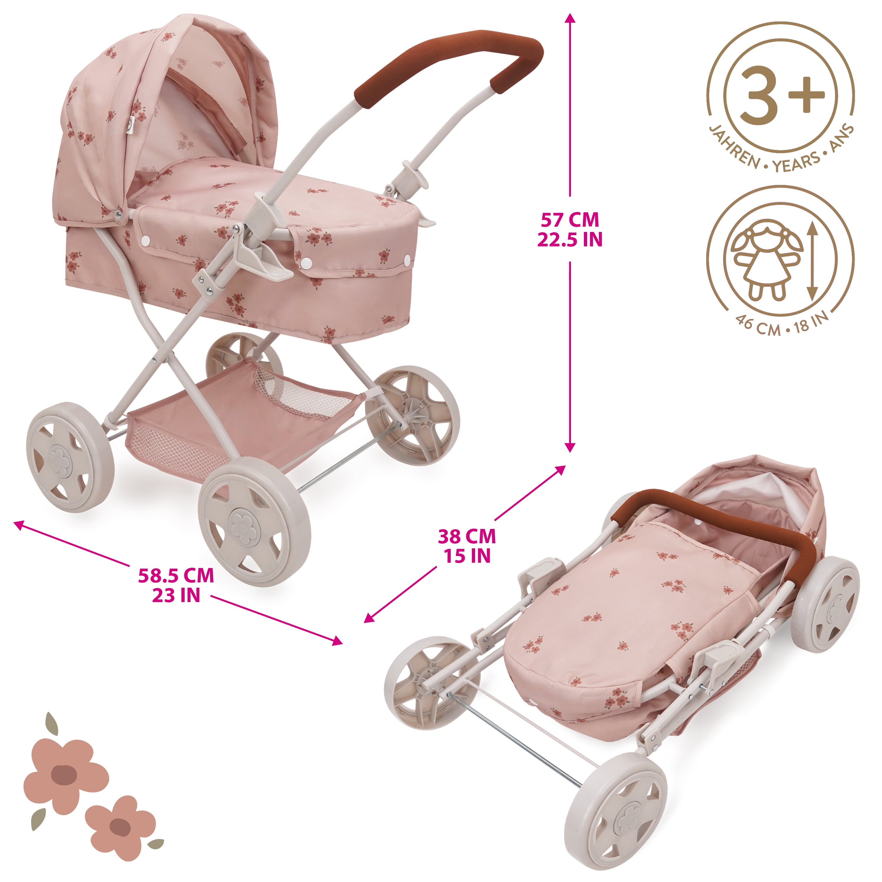 509 Crew Ballet Flora Doll Pram - Doll Pram, Kids Pretend Play, Retractable Large Canopy, Shopping Basket & Removable Carry Cot Bed. Ages 3+
