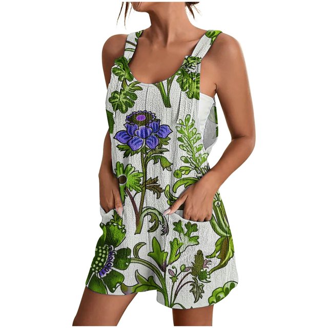 Pisexur Combinaison Femme Casual Plus Size Summer Floral Sans Manches Ample Réglable Spaghetti Sangle Short Extensible d'Une Seule Pièce avec Poches S-3XL