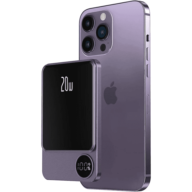 10000mAh Magnetic Power Bank LED Display, 20W PD Fast Charging Wireless Portable Charger for iPhone. The image shows a slim, purple power bank magnetically attached to an iPhone. It features a 20W LED display and a circular battery percentage indicator. The power bank supports wireless charging up to 15W and USB-C fast charging up to 22.5W. Lightweight and portable, it is suitable for travel and daily use.
