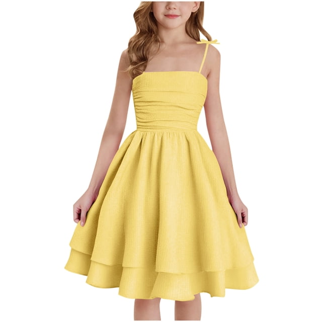 FAIWAD Dresses for Girls Ruched Layered Adjustment Strap Flowy Cami Dress Kids Girls Party A-line Formal Dresses