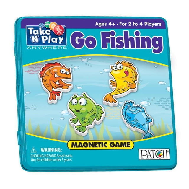 Go Fishing Game Tin with a turquoise square tin case featuring colorful cartoon fish on the lid, a magnetic game for ages 4 and up, supporting 2 to 4 players, ideal for travel and developing fine motor skills through magnetic block play.