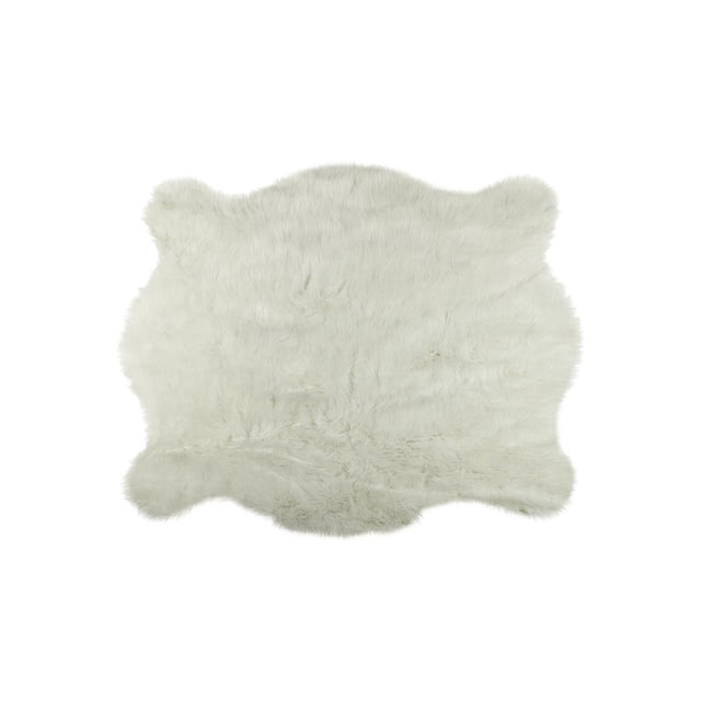 H-Luxe Faux Hide Animal Print Rug in white, shaped like a natural cowhide with soft, plush acrylic pile and low sheen, machine tufted for durability, ideal as an area rug or cozy accent for bed or sofa in indoor spaces.