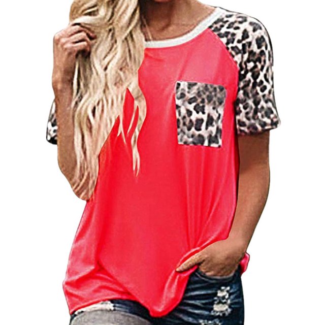 DYMADE Women Leopard Patchwork Crew Neck Short Sleeve Casual Loose Top