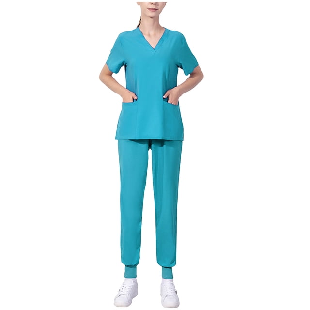 Ensemble de Sarraus pour Femmes, Haut de Sarrau à Col en V Extensible et Pantalon Jogger à Taille Élastique avec Multiples Poches, Anti-Froissement, Doux, Ensemble d'Uniforme d'Infirmière à Manches Courtes, Ensemble d'Uniforme de Travail Bleu Pâle