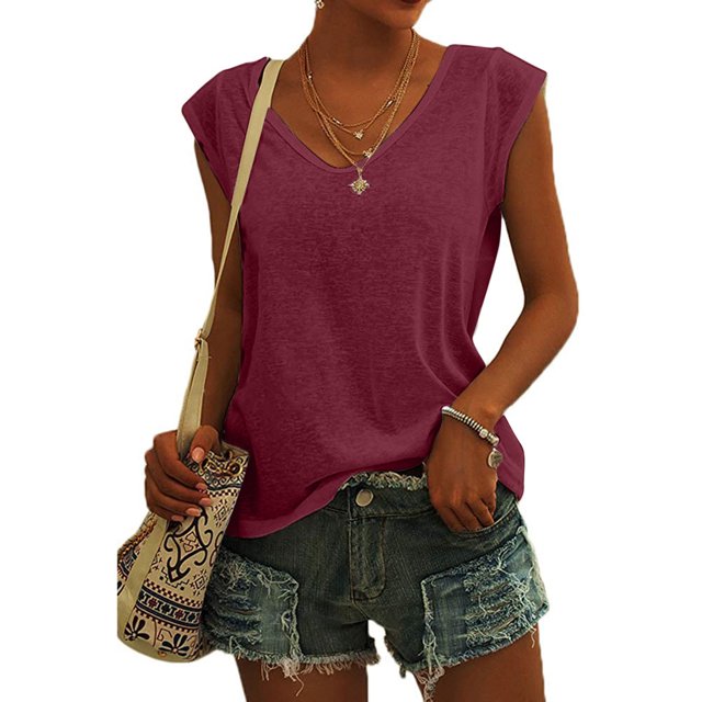 CEHVOM Womens Casual O-Neck Loose Soft Cap Sleeve Solid Color T-Shirt Blouse Tops