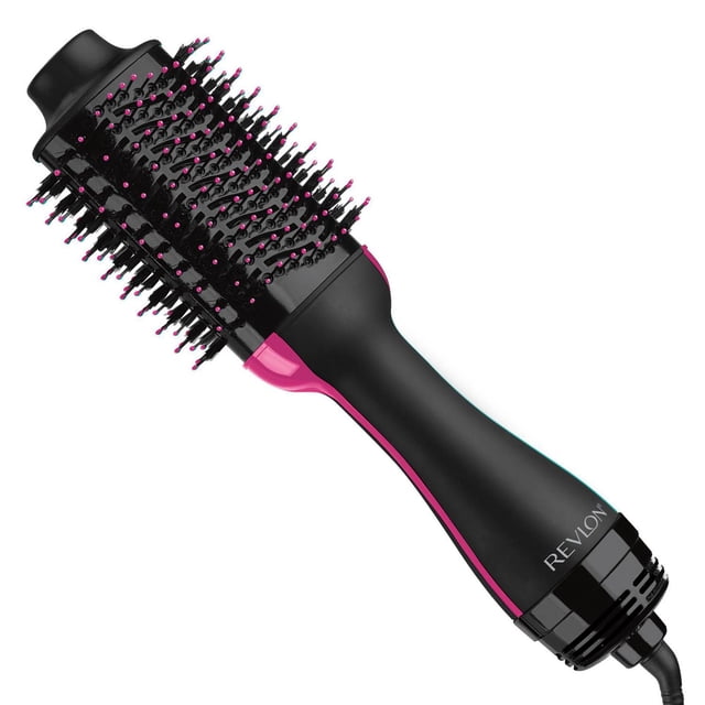 Revlon One-Step Ceramic Hair Dryer & Volumizer Brush with Advanced Ionic Tourmaline Technology, with a black ergonomic handle accented in pink, an oval ceramic-coated barrel featuring nylon pins and tufted bristles for detangling and volumizing, plus a 6-foot swivel cord, suitable for creating smooth, voluminous styles while reducing frizz.
