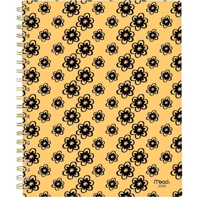 2026 Mead® Yellow Buttercup Large Weekly Clear Poly Cover Planner with a yellow cover patterned with black stylized flowers, twin gold coil binding on the left, and the Mead logo with year 2026 printed in the bottom right corner, ideal for organizing weekly and monthly schedules.