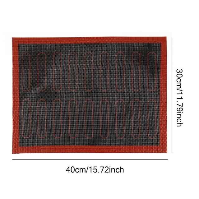 Agiferg Perforated Silicone Baking Mat Bread Macaron Biscuits Non-stick Oven Mat, measuring 40 x 30 cm (15.8 x 11.9 inches). The mat features a black perforated texture with a red border, designed for baking bread, macarons, and biscuits. Made of food-grade silicone, it allows water to seep through for a crusty finish and is suitable for freezing, proofing, and baking. The mat must be used flat on a tray, preferably perforated, for optimal heat circulation. Easy to clean with a soft sponge under running water.