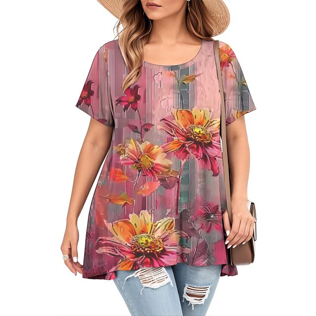 Ovzne Robes d'Été pour Femmes 2025 Robe pour Femme Robe Ample à Manches Courtes à la Mode Style Rétro Imprimée à Col Rond Robe Grande Taille Robe à Col Rond pour Femmes Robe pour Femmes Courte Sl