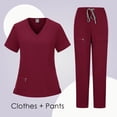 thumbnail image 2 of Ktyne Ensemble de Sarraus Rouges pour Femmes Extensible Uniforme d'Infirmière à Manches Courtes Sarrau et Pantalon Jogger Ensemble de Couleur Unie avec Multiples Poches Bourgogne TG, 2 of 3