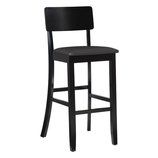 Bristol Contemporary Bar Stool with black painted solid rubberwood frame, padded black faux leather seat and backrest, 30-inch seat height, and footrests for support, suitable for kitchen or dining bar seating and easy to clean with a damp cloth.