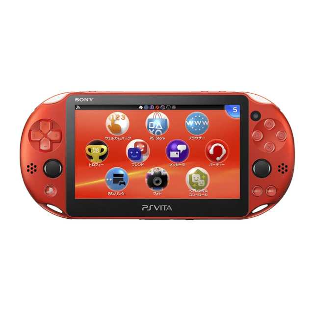 Sony PS Vita 2000 PlayStation handheld gaming console in red, refurbished model. Features a vibrant 5-inch LCD screen, dual analog sticks, and front and rear touch panels. Compact and lightweight design with improved battery life and 1GB internal storage. Display shows app icons on the home screen, ideal for portable gaming.