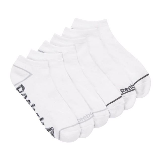 Reebok 6pk Low Cut Sock set of six white men's low cut socks with cushion comfort, stretch performance, and moisture control, each pair featuring the Reebok logo near the toe, arranged in a neat stack on a white background, suitable for athletic and casual wear.