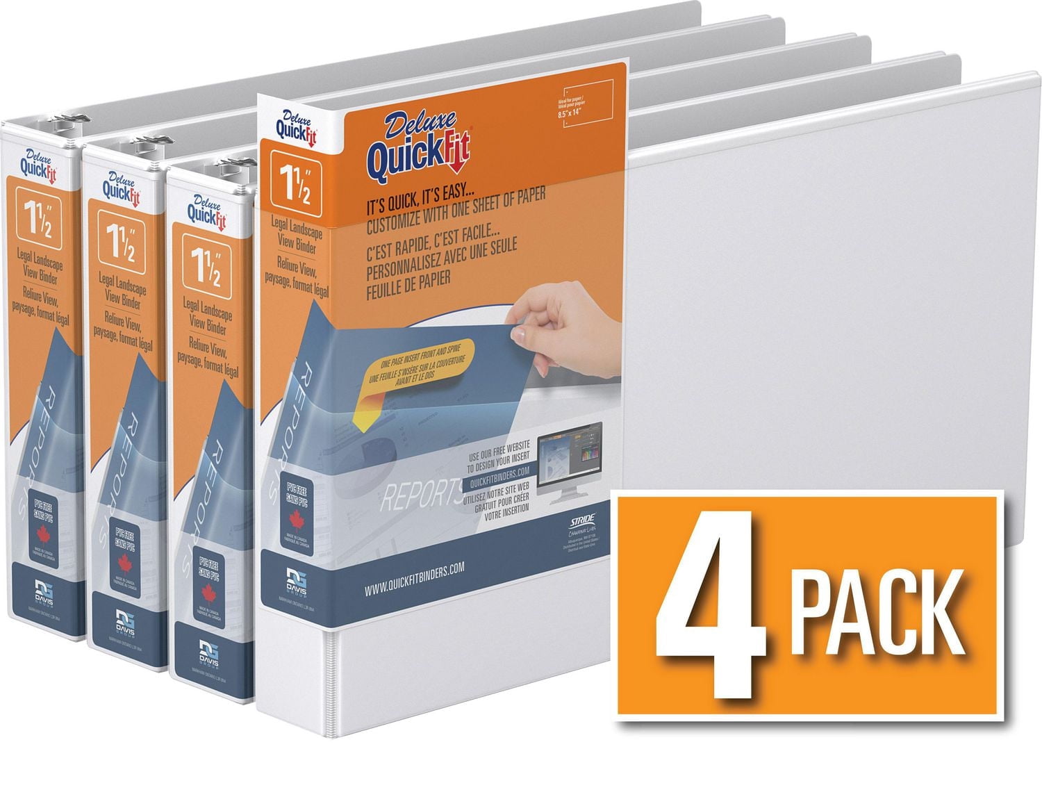 Reliure QuickFit View robuste, format légal, 8,5 po x 14 po, orientation paysage, 1,5 po, anneaux ronds, paquet de 4