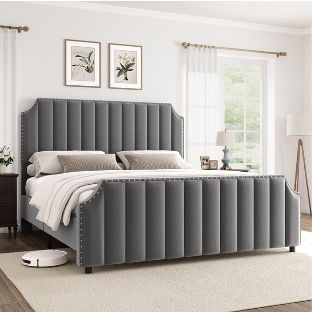 BeesClover Platform Bed Frame with 50.2" Headboard, Velvet Upholstered Bed Frame with Vertical Channel Tufted Headboard & Footboard, Nailhead Trim, No Box Spring Needed