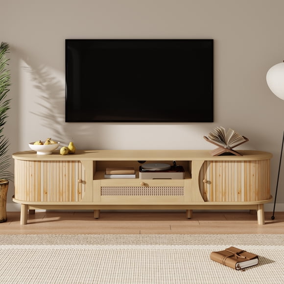 Noble House Meuble Télé avec Portes et Tiroirs. Meuble Télé en Rotin, Portes en Bois Massif, Solutions de Rangement Style Naturel Panneau Bas,Naturel