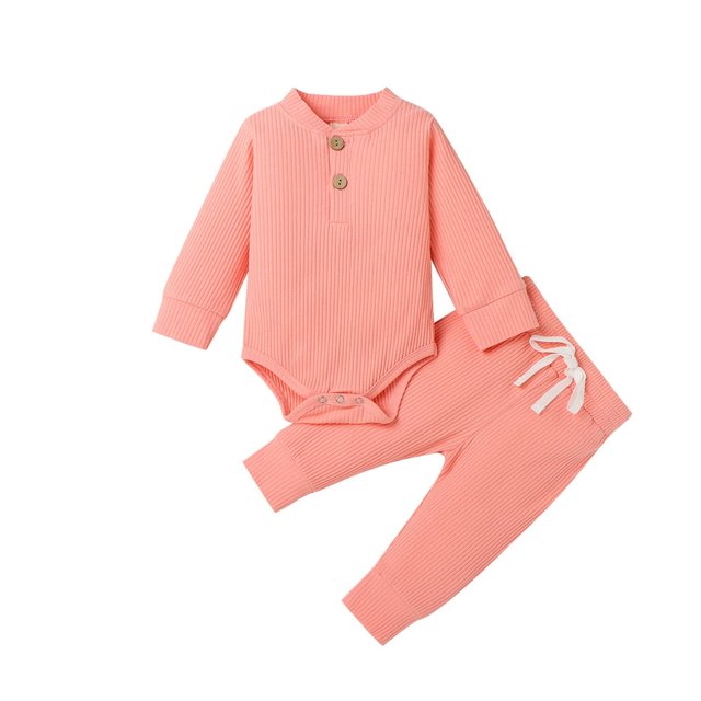 Winter Newborn Baby Boy Girl Clothes Set Ribbed Outfits Unisex Infant Solid Cotton Button Long Sleeve Tops Pants 2PCS