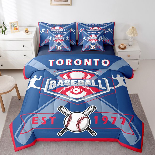 YST Ensemble de Douillette Simple 7 Pcs, Ensemble de Lit Réversible Baseball Simple, Ensemble de Literie Simple pour Adolescent Garçon avec Douillette Joueur de Baseball, Drap Plat, Drap-Housse, Taies d'Oreiller, Couvre-Oreillers, Toronto