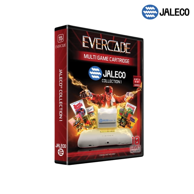 Evercade Jaleco Collection 1 multi game cartridge packaging in red and black, featuring the Jaleco logo and 10 classic games including Bases Loaded and Astyanax, compatible with all Evercade consoles, with game cover art and cartridge image displayed.