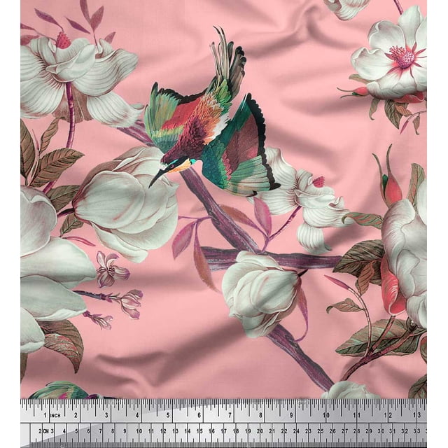 Soimoi Pink Moss Georgette Fabric Floral & Bird Print Fabric by Yard 44 Inch Wide
