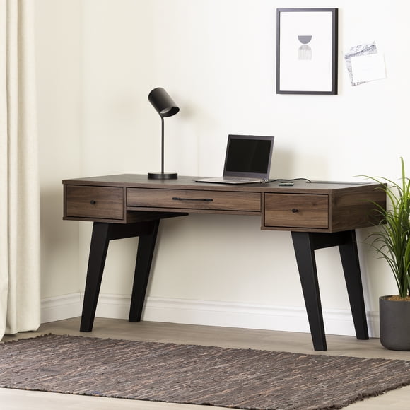 South Shore Helsy Computer Desk with Power Bar, in Natural Walnut