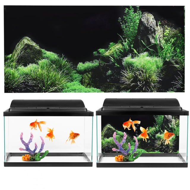 Water Grass Aquarium Sticker by Estink, a PVC aquarium background featuring a vibrant underwater scene with green plants and rocks. Designed for fish tanks, it is non-reflective, waterproof, and available in sizes like 61 x 30cm and 122 x 46cm. Ideal for enhancing aquarium décor, the image shows the sticker applied to tanks with goldfish and decorative coral pieces.