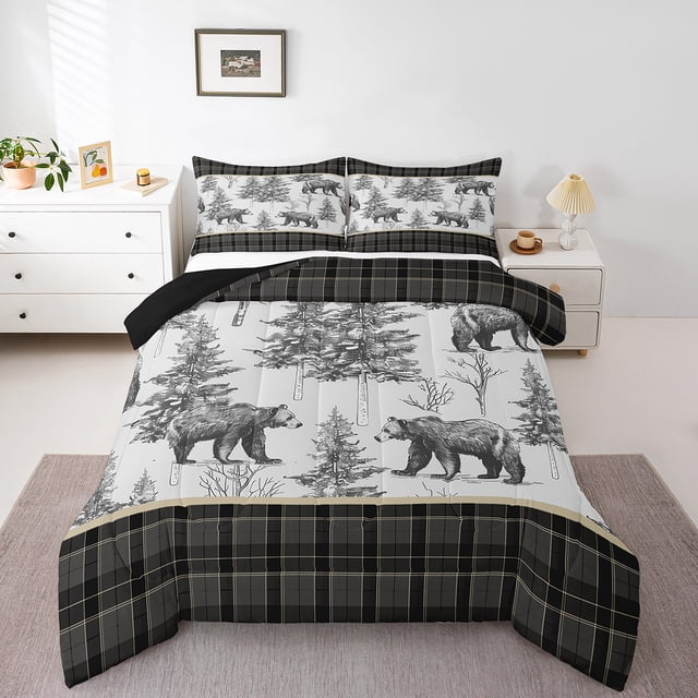 Erosebridal Wild Bear Bedding Twin Comforter Set with a reversible design, geometric buffalo plaid accents, and an animal theme. The comforter features black and white bear illustrations among trees, bordered by plaid patterns. Ideal for toddler bedding, it includes a comforter measuring 68"x90" and a decorative pillowcase 20"x30". Displayed in a bright, minimalist bedroom with a white dresser and decor accents.