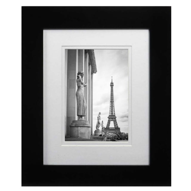 Hometrends Museum Black Photo Frame with double white mats displaying a black and white photo of the Eiffel Tower viewed from a terrace featuring classical statues and columns, framed in black engineered wood for tabletop or wall use.