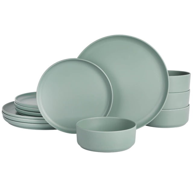 Gibson Home Canyon Crest 12 Piece Melamine Dinnerware Set in dark sage with a matte finish, featuring stackable 10.75-inch dinner plates, 8.25-inch dessert plates, and 6-inch bowls made from durable, chip-resistant melamine, suitable for indoor and outdoor dining.