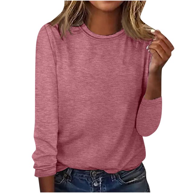 IROINID Deals T-Shirt à Manches Longues en Polyester pour Femmes Confortable Col Rond Uni T-Shirt Ample Blouse Tops, Rose