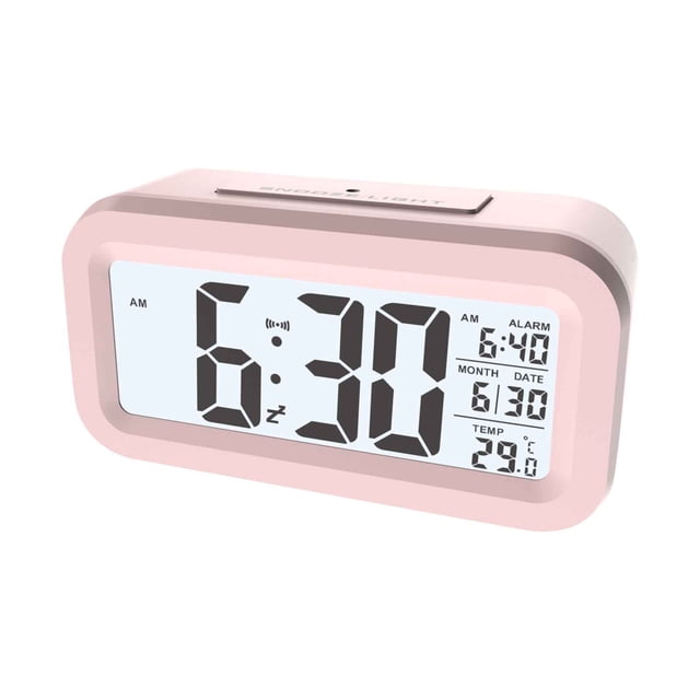 TopLLC Temperature Version Smart Clock featuring a pink plastic body with a large LCD display. The screen shows the time, date, alarm, and temperature in Celsius. It includes a snooze button on top and light-sensing technology for automatic brightness adjustment. Ideal for dorms, RVs, and home offices.
