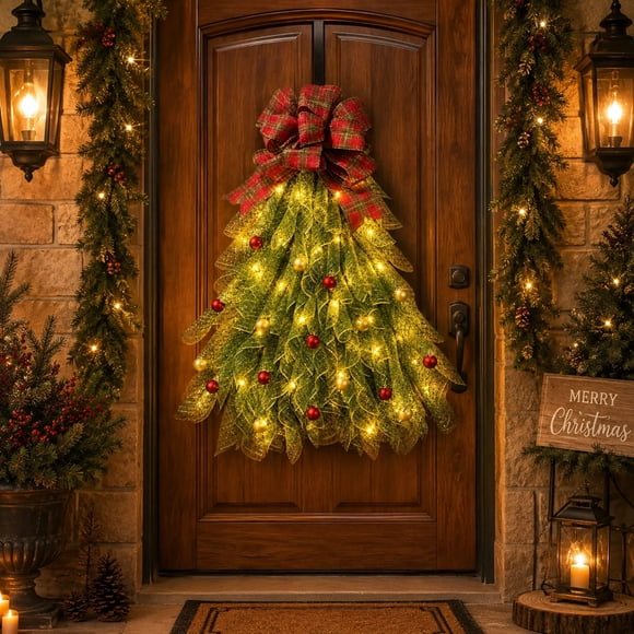 LED Illuminated Christmas Tree Wreath with Lights for Front Door Wall Hanging Decorations Handmade Holiday Mesh Wreath with Plaid Bow Ornaments Indoor Outdoor Christmas Decor for Home 19.69x15.75inch