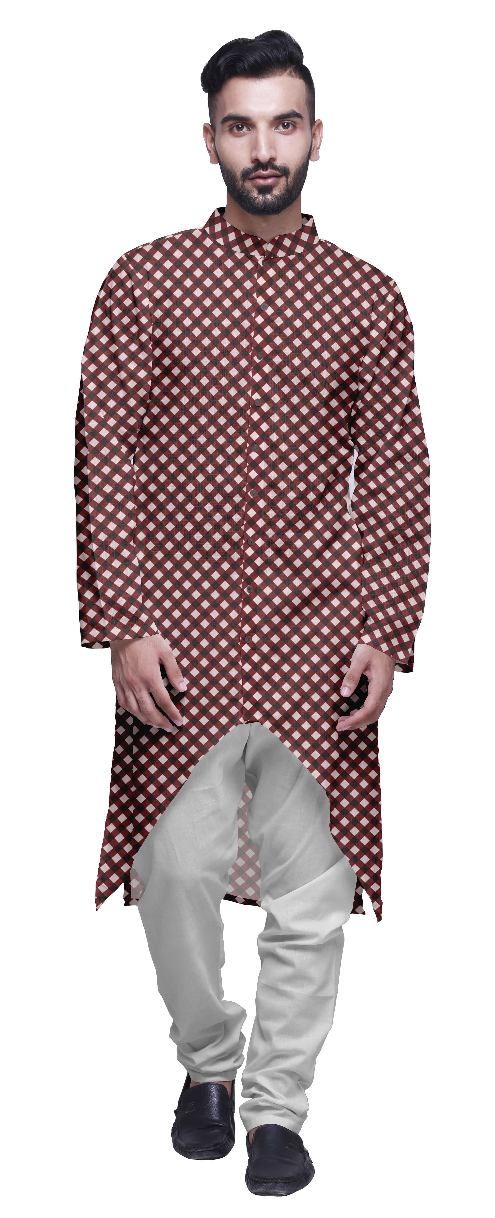 Atasi Kurta Asymétrique à Boutons pour Hommes en Coton Slub Imprimé Mode pour Hommes