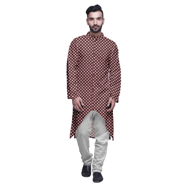 Atasi Kurta à Manches Longues Imprimé, Boutonné, Asymétrique, Kurta de Designer pour Garçons